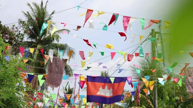 Colorful Triangle Flags Dancing in the Breeze Against a Clear Sky