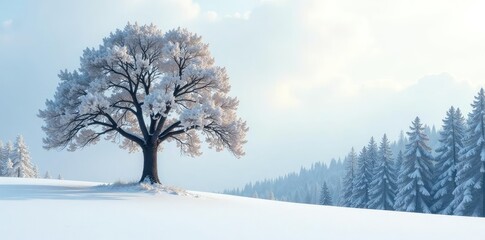 Fototapeta premium Solo majestic tree against pure snowy backdrop, forest, tree