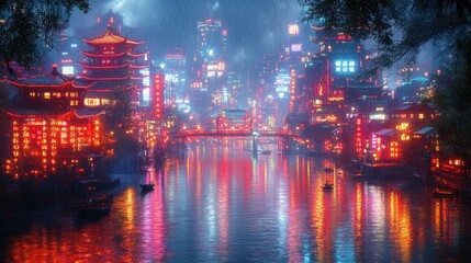 Obraz premium Celestial Metropolis: A panoramic view of an enchanting city bathed in the neon glow of dusk, where traditional architecture meets futuristic design along a serene waterway. Reflecting in water. 