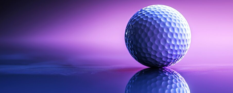 Close-up of a golf ball with a vibrant purple background.