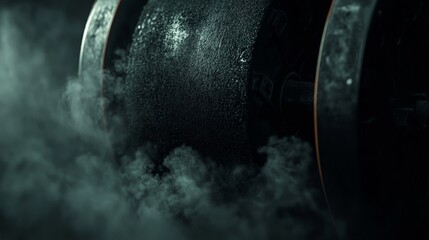 Close-up of a heavy weightlifting barbell amid smoke and shadows.