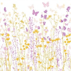 Delicate Seamless Pattern of Tiny Butterflies and Colorful Flowers