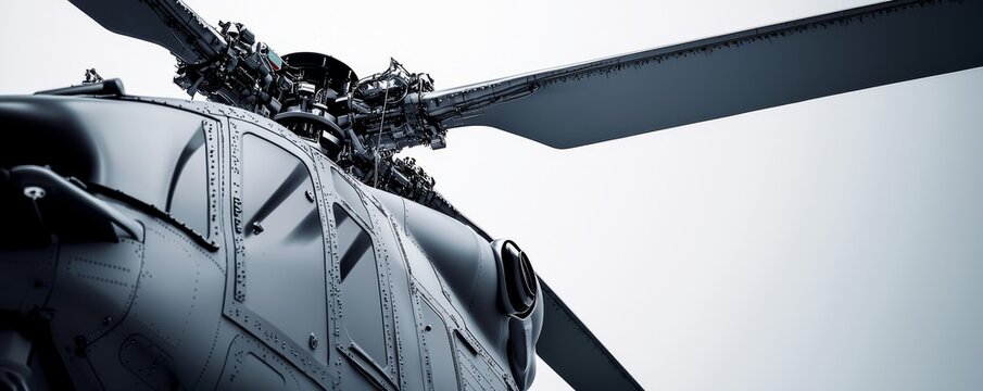 Close-up of a helicopter rotor with intricate engineering details.