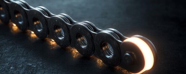 Close-up of a metal chain link with glowing elements.