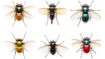 Collection of detailed flies with translucent wings and intricate body textures, arranged in a minimal composition,