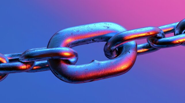Close-up of a metallic chain link on a colorful background.