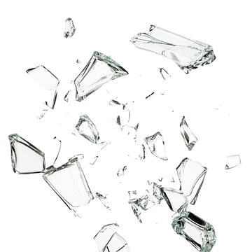 Shattered glass fragments falling dark background dramatic scene