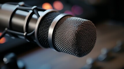 Obraz premium Close-up of a professional microphone on a studio setup.