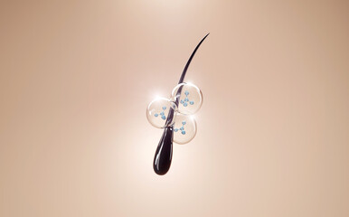 3D illustration of a hair follicle treated with nourishing molecules, representing advanced dermocosmetic innovation and deep care.