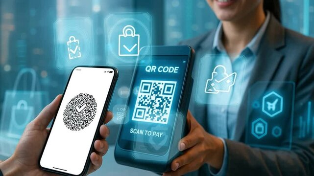 Digital Transactions: A modern commerce scene featuring the usage of a smartphone with a QR code scanning, symbolizing digital transactions and the convenience of modern payment solutions.