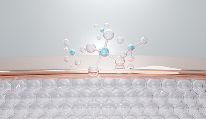 3D illustration of water molecules penetrating skin layers, representing dermocosmetic hydration and deep moisture delivery through advanced beauty technology.