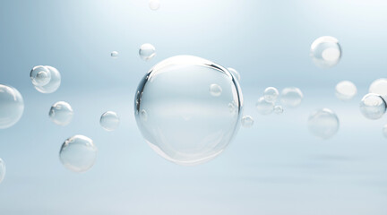 3D transparent serum bubbles floating in clean atmosphere, symbolizing purity, hydration, and advanced dermocosmetic technology for healthy skin.