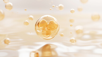 3D golden serum molecule floating above a luminous fluid surface, symbolizing advanced dermocosmetic technology and deep rejuvenation in premium skincare.
