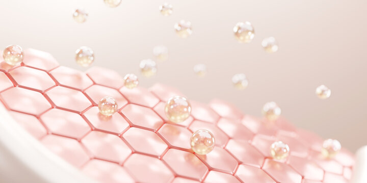 3D illustration of micro serum droplets penetrating structured skin surface, symbolizing advanced dermocosmetic delivery system and deep skin rejuvenation.