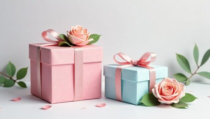 Subtle pastel watercolor painted gift boxes, delicate floral accents, cute, gentle, romantic