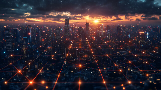 Futuristic Smart City Skyline at Sunset - Panoramic Urban Landscape with AI Technology and Night Lights