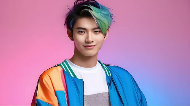 Portrait of a fashionable and stylish young beautiful Asian man with fancy hair color and casual clothes. 派手な髪の色とカジュアルな服を着たファッショナブルでスタイリッシュな若い美しいアジア人男性のポートレート