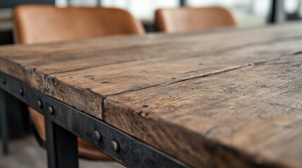 Wooden dining table close-up modern restaurant interior design contemporary atmosphere low angle view rustic elegance with industrial touch