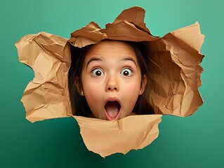 Surprised girl peeking through ripped paper on green backdrop. Dramatic expression, wide eyes, mouth open