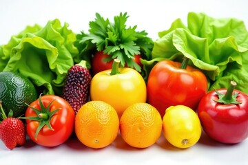Variety of organic fruits and vegetables on white background, minerals, plant-based