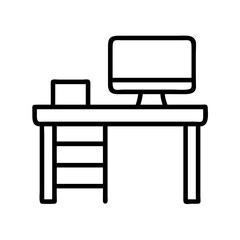 Desk with computer vector icon office furniture workstation study table pc setup outline work from home design
