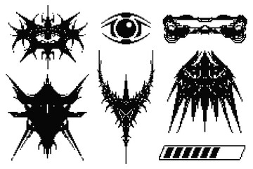 Retro-futuristic pixel art. Cyber sigils with gothic and biomechanical aesthetics. Ideal for sci-fi projects, digital tattoos, techwear graphics, and dystopian designs.