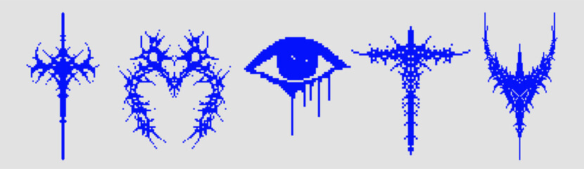 Cyber sigilism pixel art. Dripping eye, gothic heart, abstract crosses, and demonic symbols. Perfect for cyberpunk, dark aesthetic, and Y2K inspired digital designs.