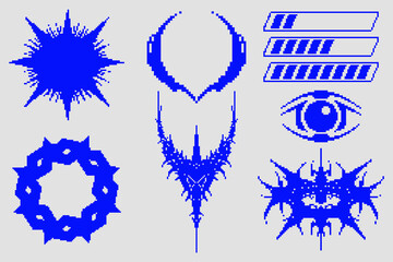 Retrofuturistic cyber pixel art set. Digital symbols, energy bars, a robotic eye, and gothic spiked elements. Perfect for cyberpunk, tech, and Y2K inspired digital designs.