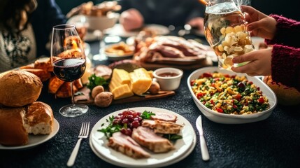 Family pouring drinks and enjoying easter meal together