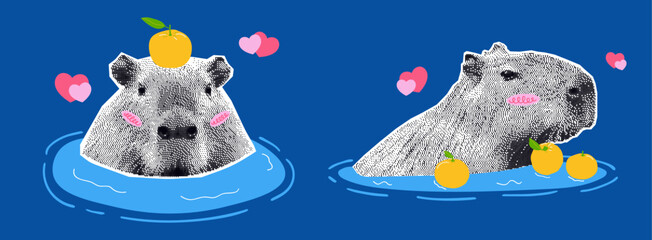 Cute capybaras relax in a warm yuzu bath. Halftone collage with hearts and waves. Perfect for stickers, prints, digital designs.
