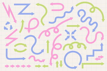 Cute abstract arrow set with curved, wavy, and looping paths on a grid background. Perfect for infographics, presentations, creative design, and navigation concepts in modern vector style.