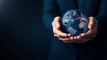 Businessman holding a globe displaying financial data, representing sustainable finance and global economic growth.