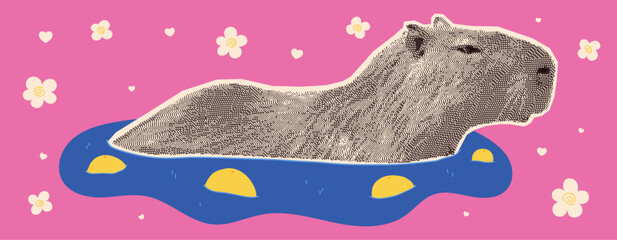 Cute capybara relaxing in a warm bath with floating yuzu. Halftone collage in a kawaii pastel aesthetic. Perfect for stickers, prints, and digital designs.