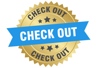 check out. check out round blue and gold label isolated on transparent background