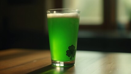 A glass of green liquid sitting on top of a wooden table.