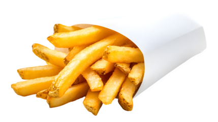 French fries in a classic white paper wrapper, golden and crispy,
