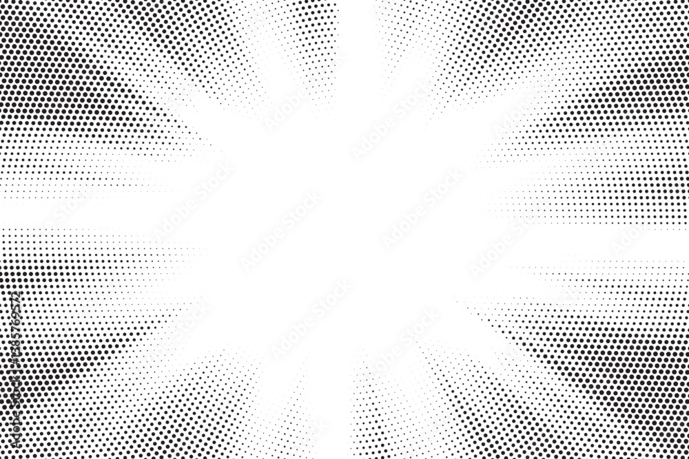 Poster Halftone gradient sun rays pattern. abstract halftone vector dots background. monochrome dots pattern. pop art, comic small dots. star rays halftone poster. shine, explosion. sunrise rays background.