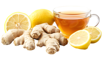 Fresh ginger roots, lemon, and a cup of tea, soothing wellness theme,