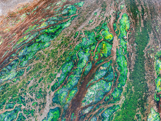 Aerial photograph of the river streams from rivers on dried up dam Liptovska Mara. Liptovsky Mikulas landspace, Slovakia