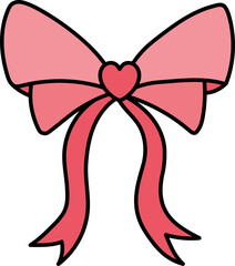 doodle bow Pink ribbon bow with a heart at the center. in color line style
