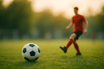Fototapeta premium Soccer Player Dribbling the Ball on a Sunny Field During a Match at Golden Hour