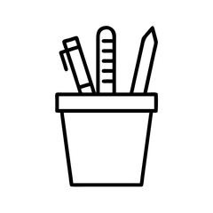 Outline vector illustration of pen pencil and ruler in holder for office school supplies and stationery items