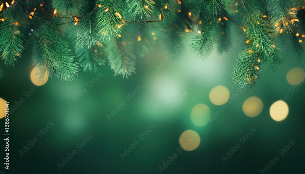 Poster festive pine branch border with golden fairy lights on green bokeh background ideal for holiday invi
