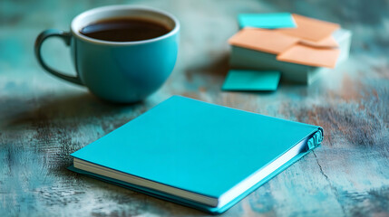 Blue notebook with cup of coffee and colorful sticky notes on rustic wooden table, concept of planning and creativity. Close-up