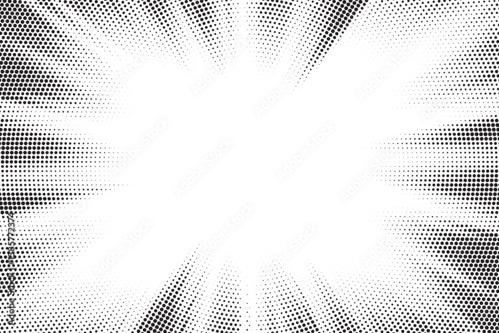 Leinwandbilder Halftone gradient sun rays pattern. abstract halftone vector dots background. monochrome dots pattern. pop art, comic small dots. star rays halftone poster. shine, explosion. sunrise rays background.