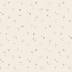 flower, ribbon, cocktail, glass alcoholic drink, sketch, seamless pattern, hand drawn illustration vector