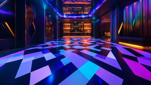 Vibrant dance floor lighting nightclub interior design urban environment wide angle modern aesthetics for nightlife enthusiasts