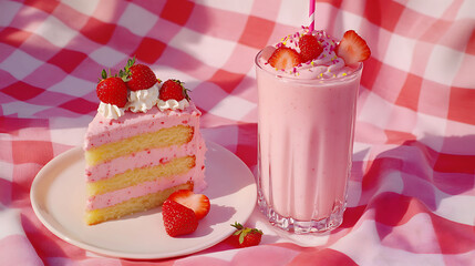 A strawberry shortcake milkshake on gingham blanket next to a slice of cake