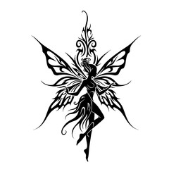 Elegant Fairy Silhouette Magical Floating Representing Fantasy And Magic Against White Background With Copy Space