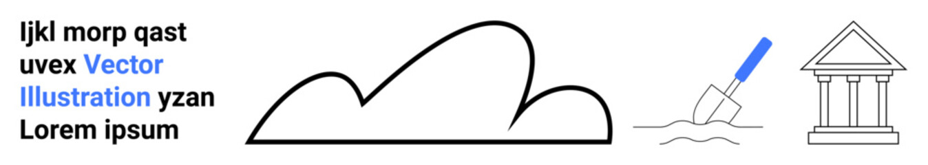 Cloud outline, hand trowel digging into soil, classical building, and placeholder text. Ideal for architecture, archaeology, design, history, sustainability education simple landing page